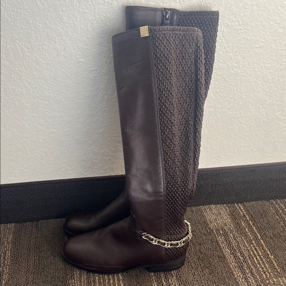 Cole Haan Idina Brown Stretch Leather Riding Boots with Chain Detail